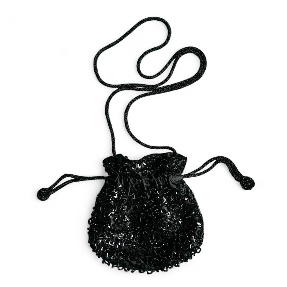 La Regale Black Beaded Sequin Drawstring Pouch Purse
